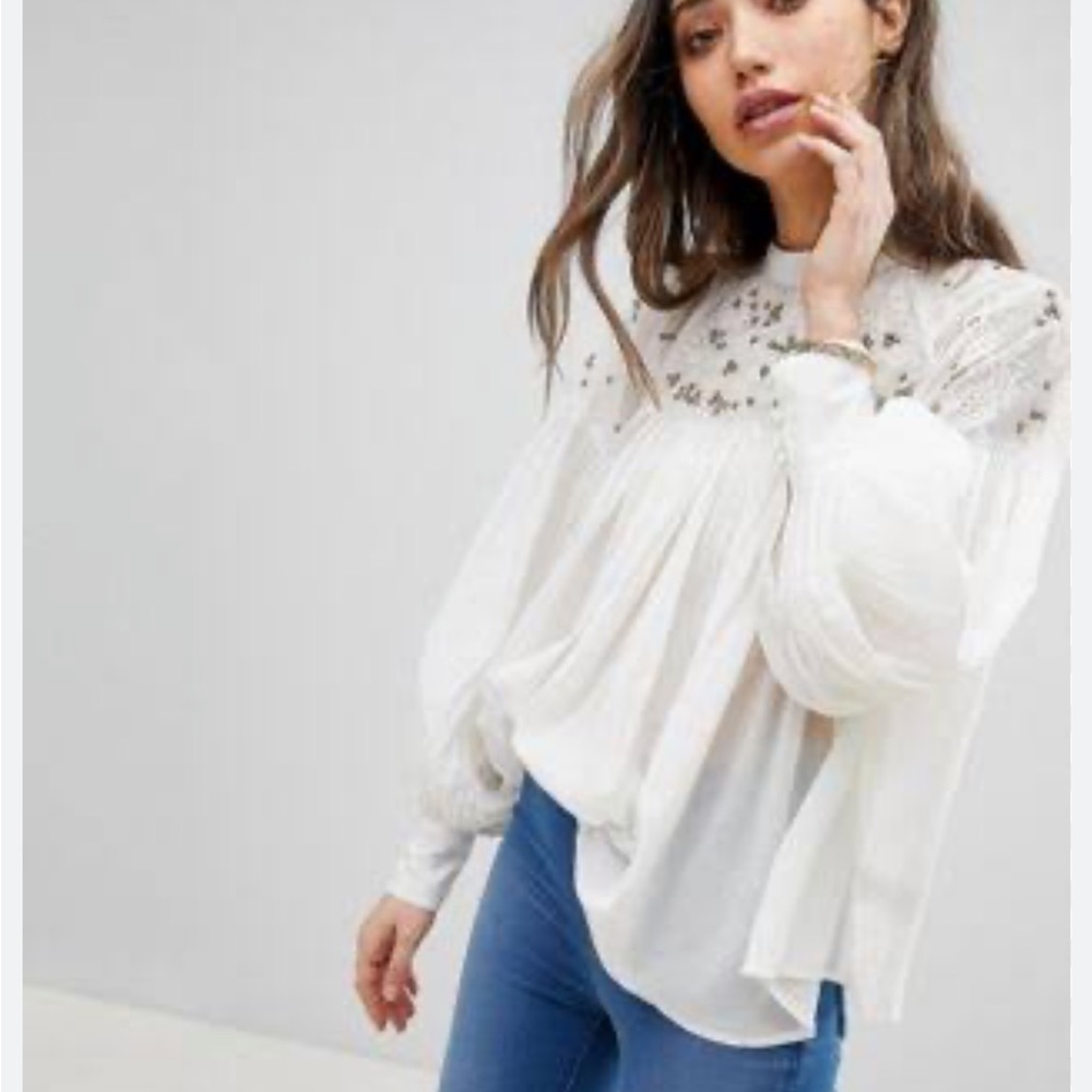 White Free people blouse with Gold accents and beading